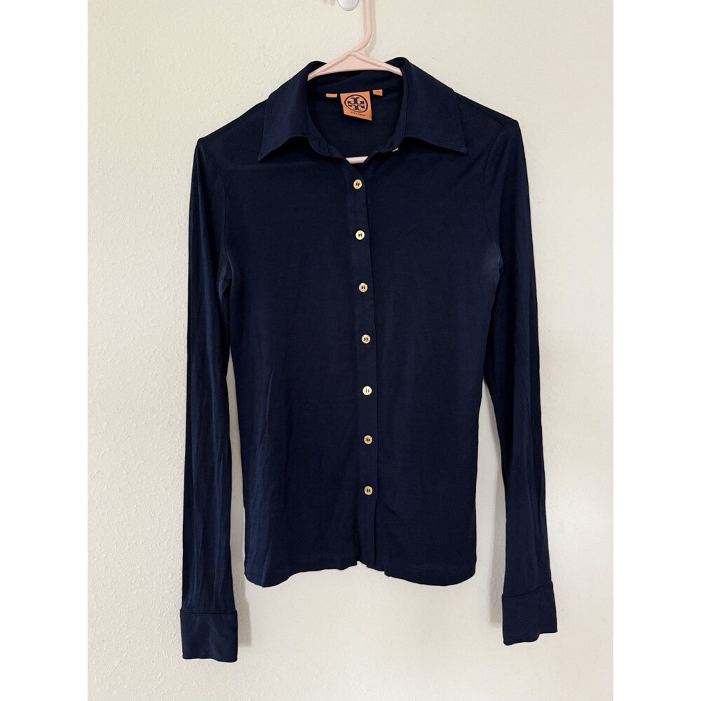 Tory Burch Silk Navy Gold Button Down Classic Top Quiet Luxury Timeless Size XS